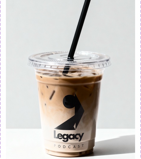 Iced coffee cup printed with the Legacy Podcast mark